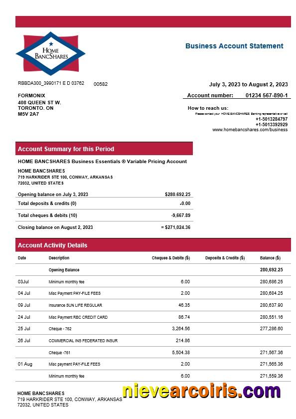 Home Bancshares Bank firm account statement